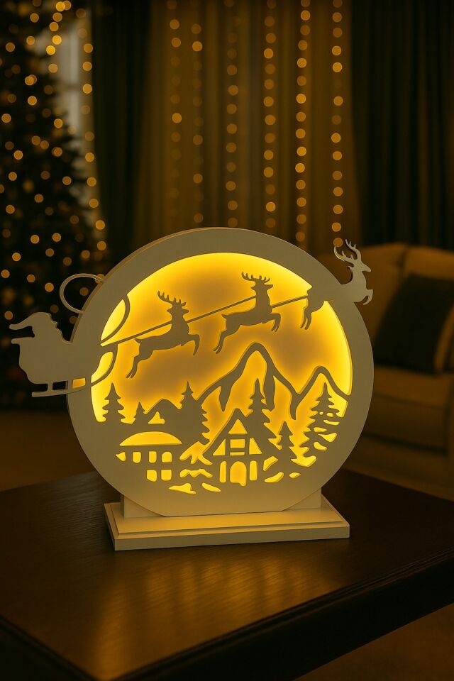 Yeni Yıl Konseptli Hediyelik MDF LED Lamba – Kızaklı Santa Tasarımı